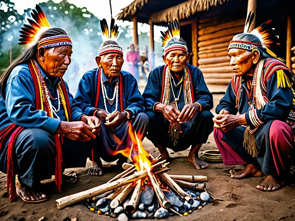 Un grupo de ancianos indígenas se reúne alrededor de un fuego en una ceremonia tradicional para honrar la tierra y sus recursos