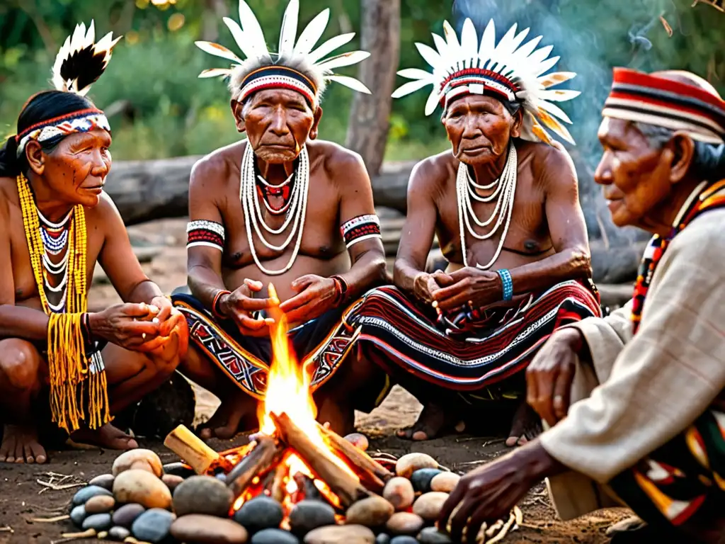 Sabiduría ancestral en fuego Grupo de ancianos indígenas honrando su patrimonio genético ancestral alrededor de un fuego sagrado