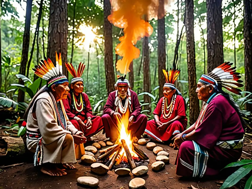 Grupo de ancianos indígenas reunidos alrededor del fuego sagrado en un frondoso bosque, evocando preservación de tierras indígenas y derecho ambiental