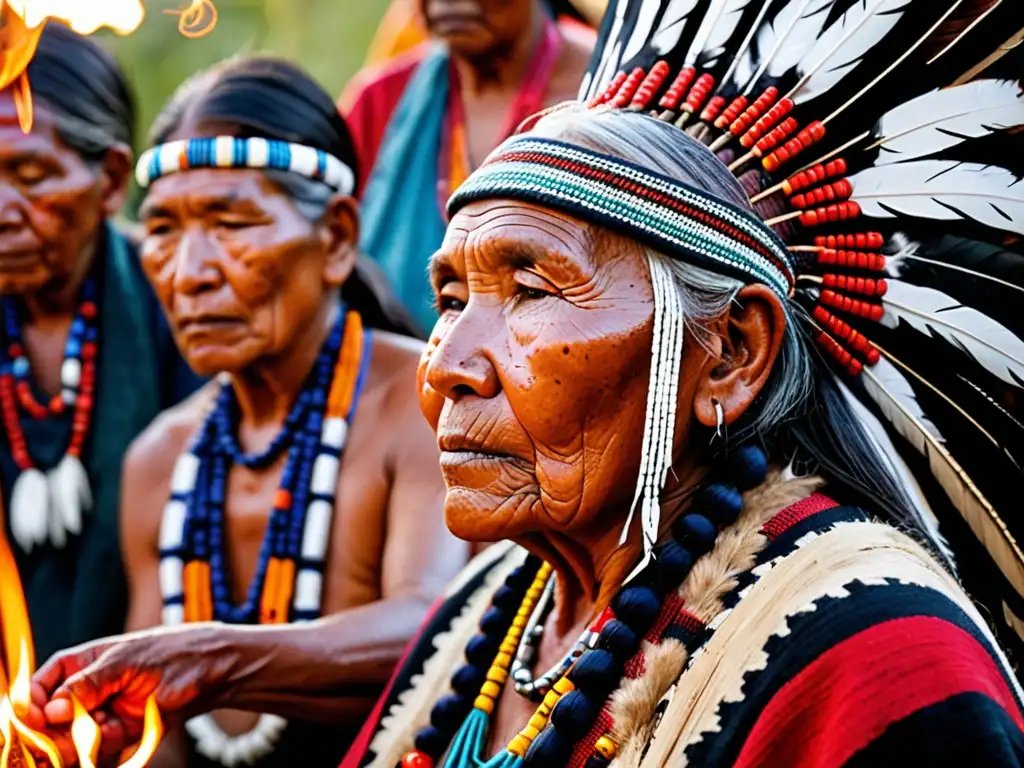 Ritual ancestral: protección y honor indígena Un grupo de ancianos y miembros de la comunidad indígena se reúnen alrededor de un fuego sagrado, realizando una ceremonia tradicional para proteger y honrar su herencia genética ancestral