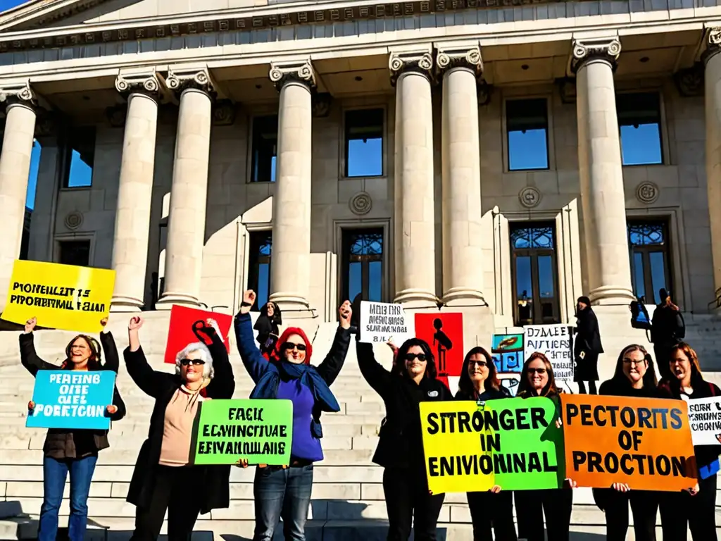 Un grupo de apasionados activistas ambientales de diferentes organizaciones no gubernamentales se reúnen frente al edificio legislativo sosteniendo pancartas coloridas y carteles que abogan por leyes de protección ambiental más sólidas