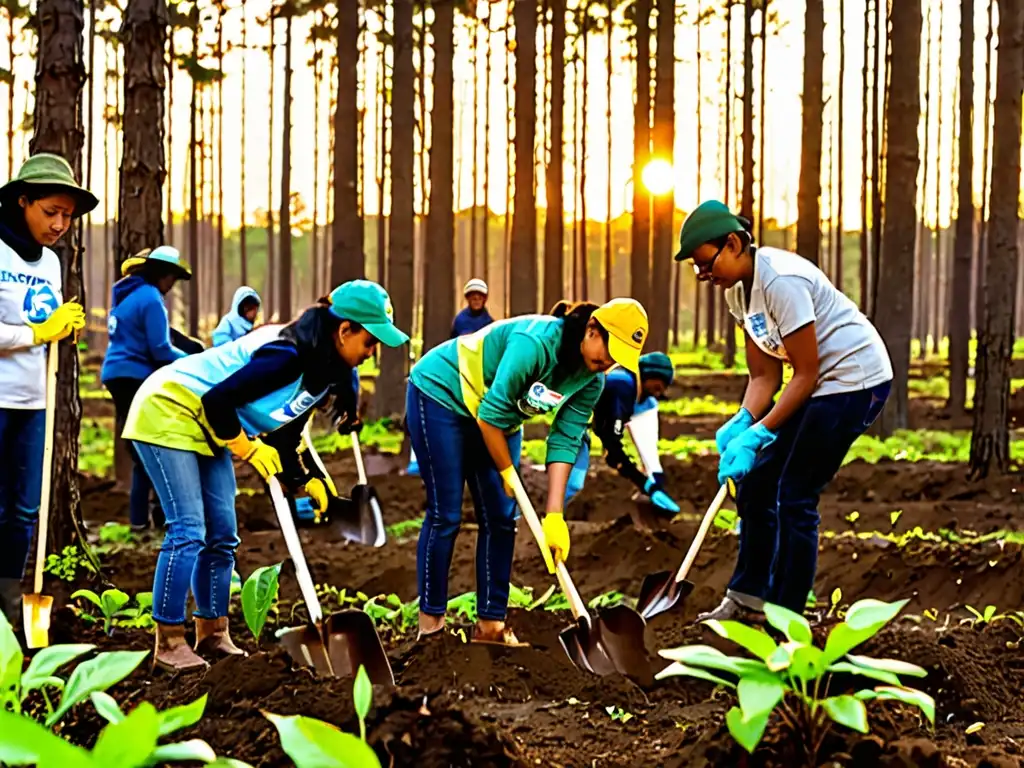 Grupo plantando árboles al atardecer por la efectividad de acuerdos ambientales y desarrollo sostenible