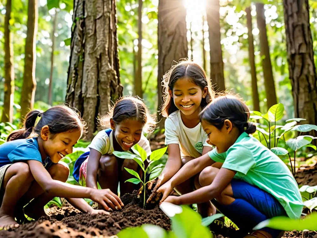 Un grupo de niños planta árboles en un bosque verde exuberante, creando un futuro verde y prometedor