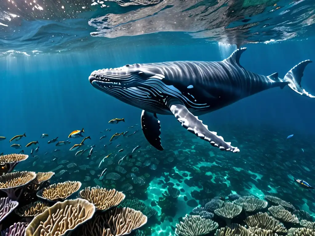 Un grupo de ballenas jorobadas nada graciosamente en aguas cristalinas de Oceanía, destacando la importancia de las políticas ambientales clave