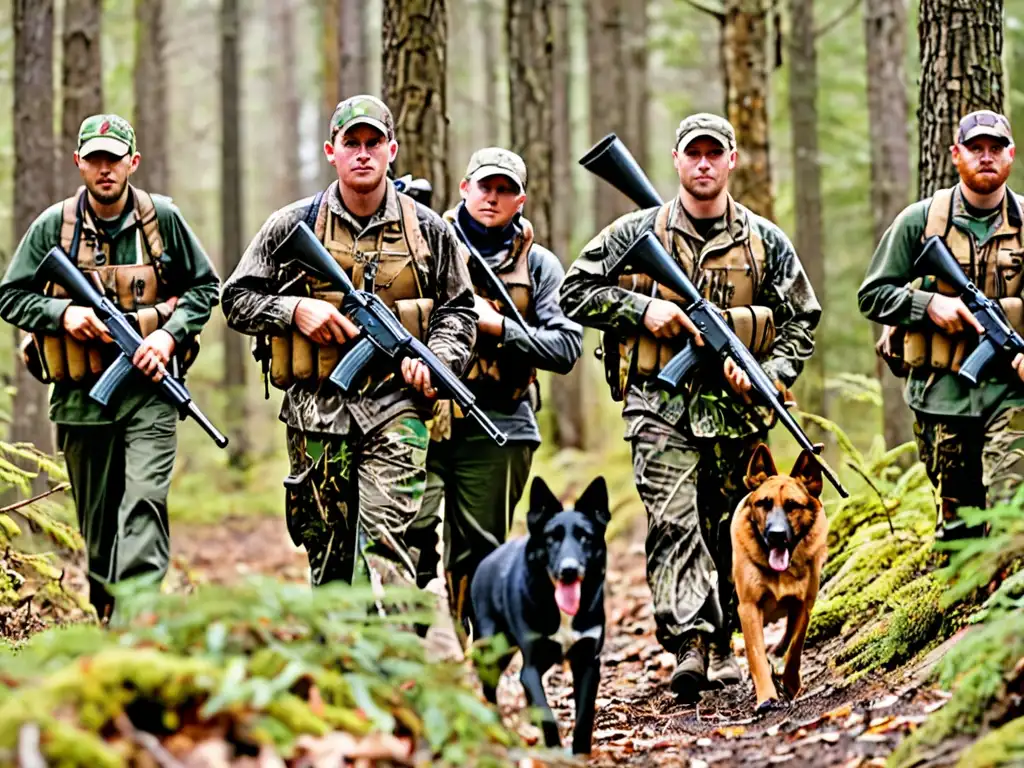 Un grupo de cazadores en camuflaje con perros de caza, portando escopetas y rifles, explorando el bosque