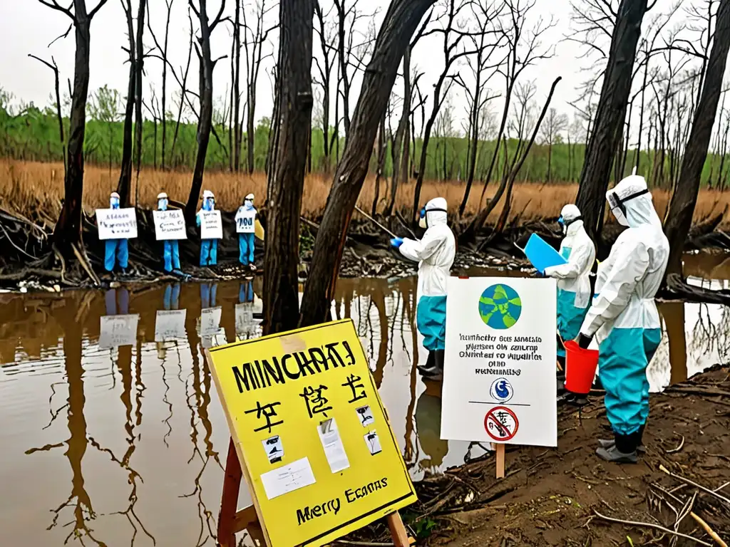 Un grupo de científicos y activistas ambientales examinan el impacto del mercurio en un río contaminado