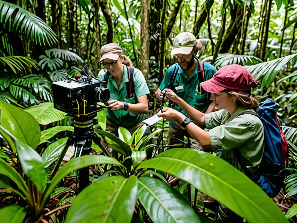 Un grupo de científicos ambientales realiza investigación en una exuberante selva tropical