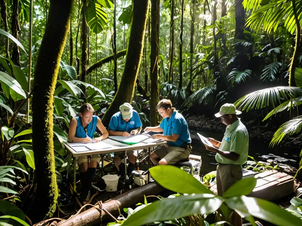 Grupo de científicos ambientales garantizando sostenibilidad con evaluaciones de impacto ambiental en exuberante y biodiversa selva tropical