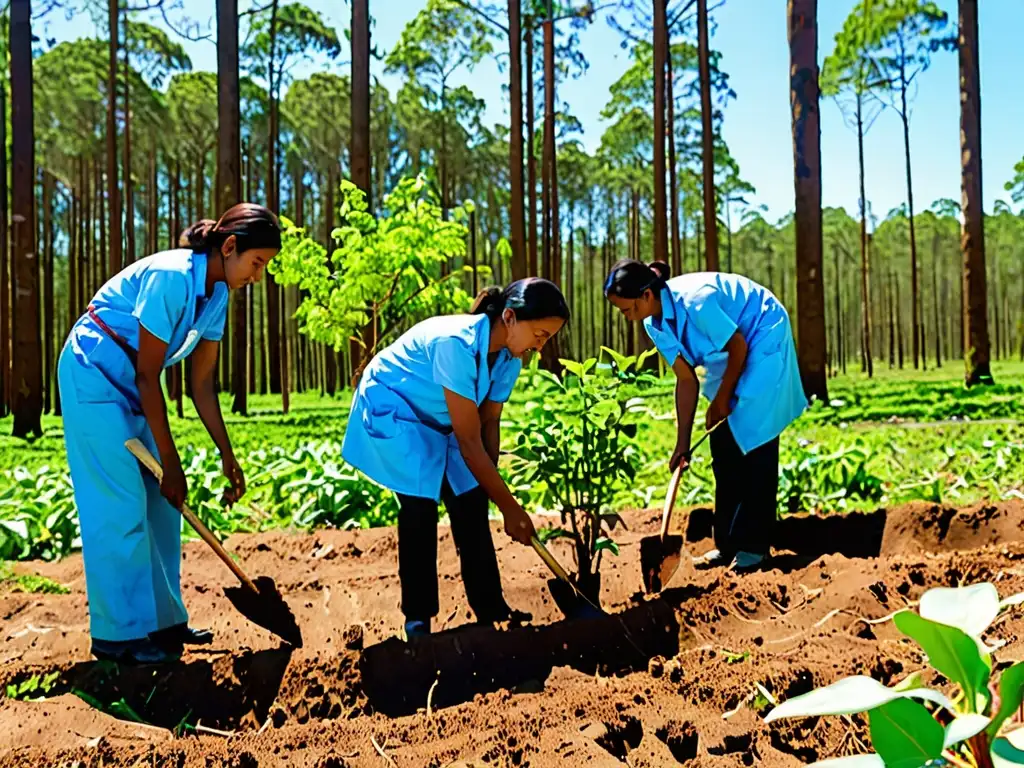 Un grupo de científicos y ambientalistas plantando árboles en un área deforestada, con un cielo azul y exuberante vegetación