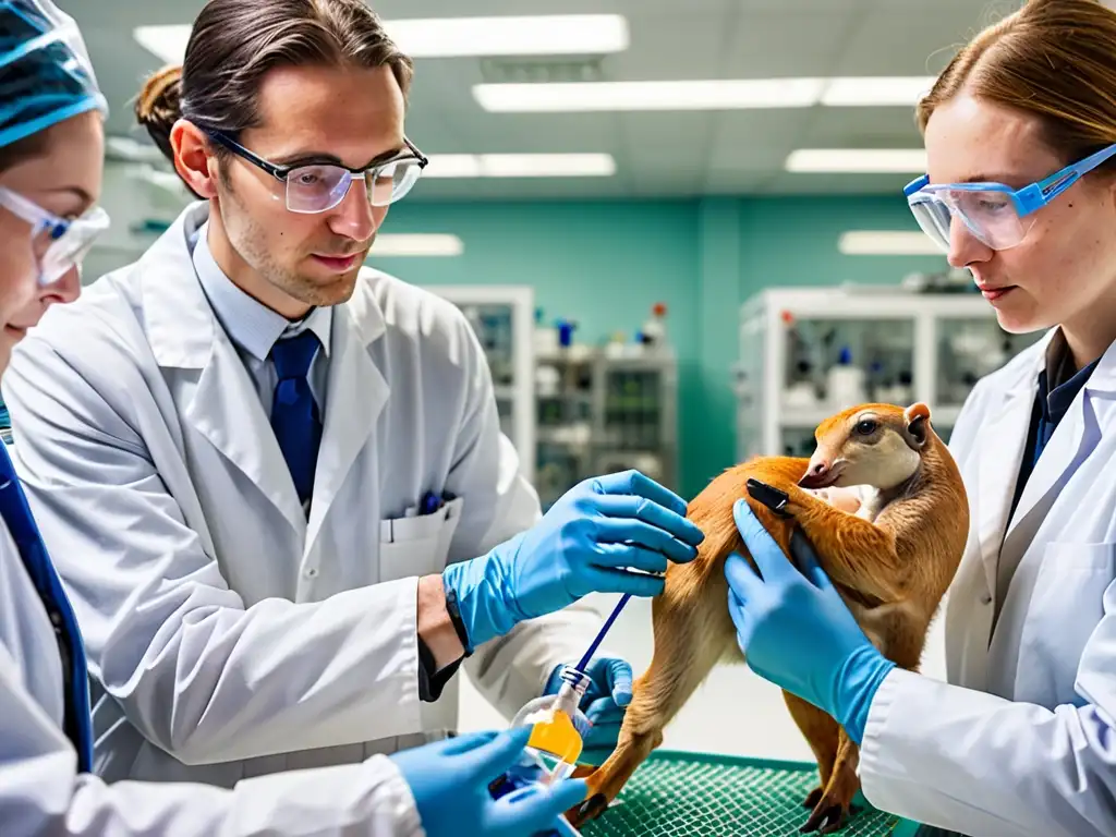 Grupo de científicos cuidando de animales genéticamente modificados en un laboratorio bien iluminado, demostrando profesionalismo y bienestar animal en la investigación de biotecnología