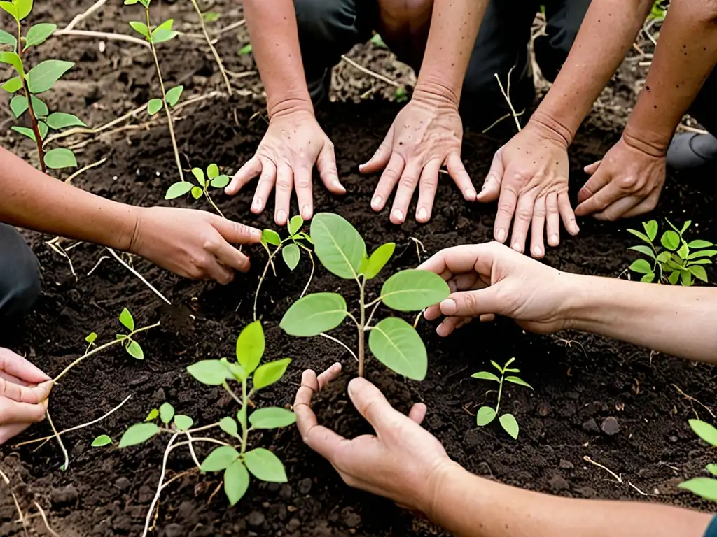 Grupo de científicos y conservacionistas plantando árboles nativos en un área deforestada, destacando la importancia del financiamiento público para proyectos ecológicos