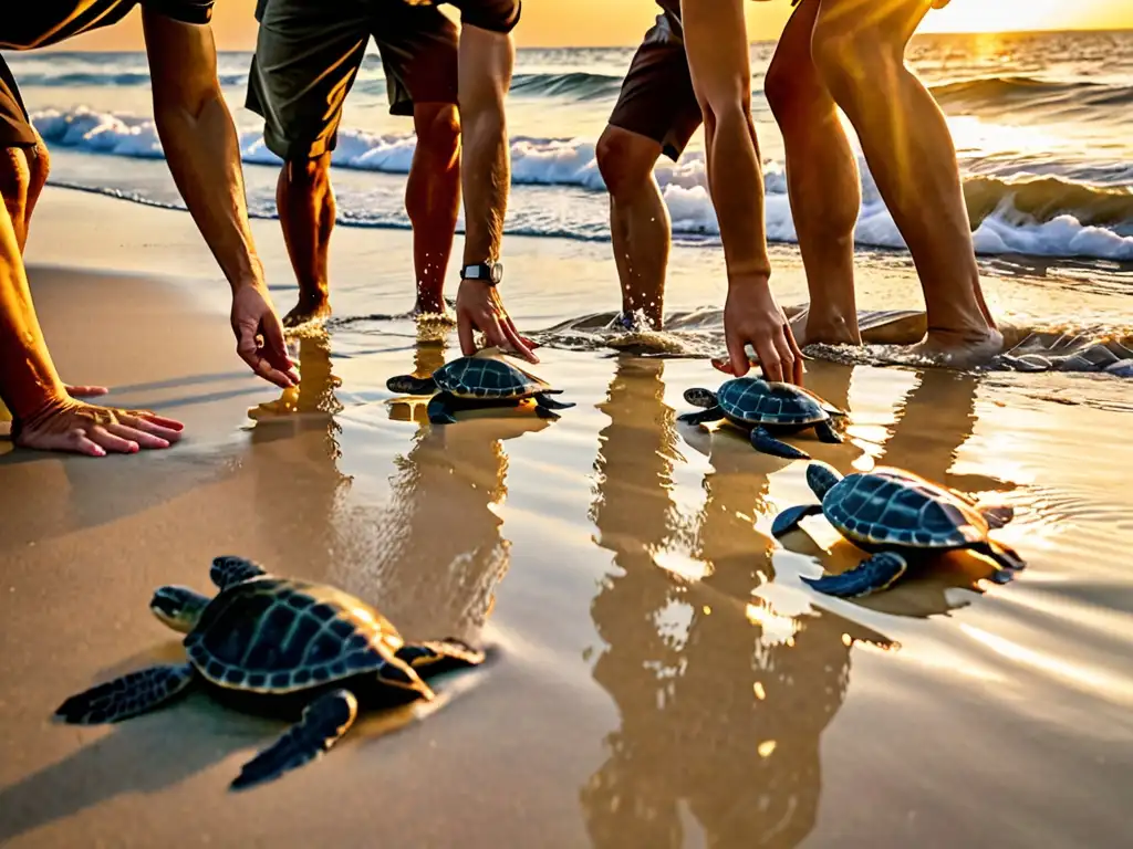Liberación de tortugas marinas al atardecer: impacto y emoción Un grupo de científicos libera crías de tortugas marinas al océano al atardecer, mostrando la ética en la defensa de especies amenazadas