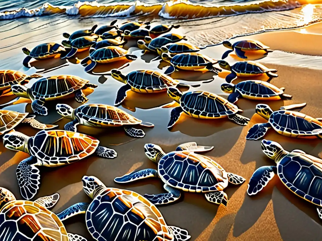 Un grupo de científicos libera con cuidado tortugas marinas en el océano al atardecer, destacando el impacto de CITES en biodiversidad mundial