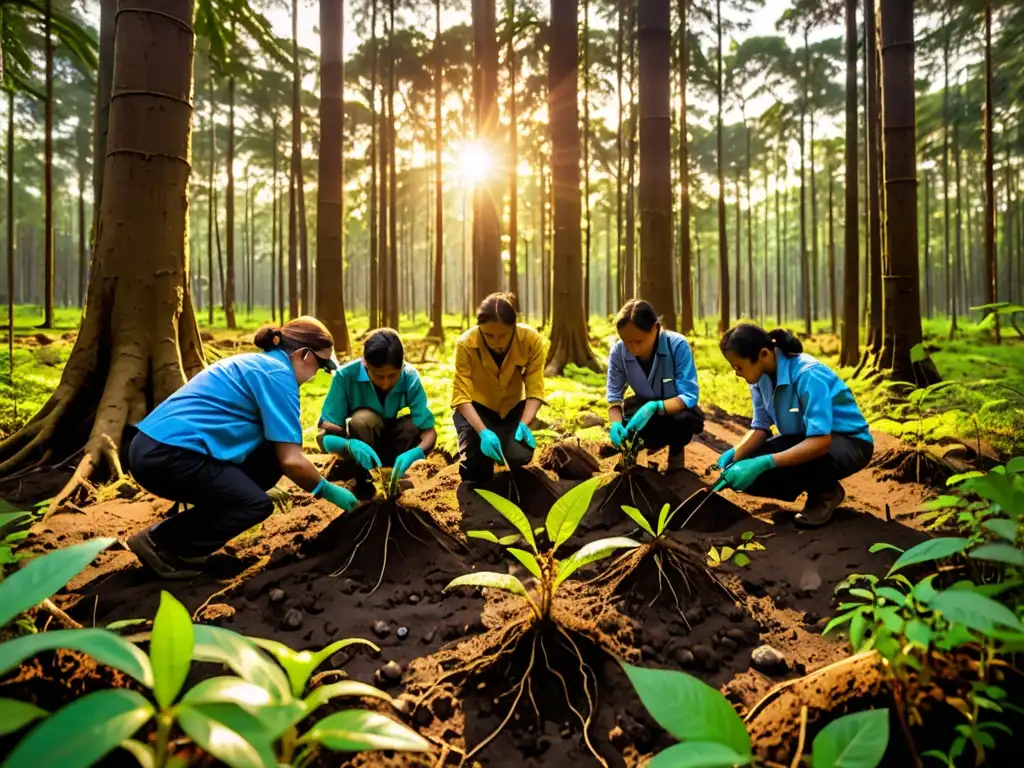 Un grupo de científicos y ecologistas plantan árboles jóvenes en un frondoso bosque, con el sol iluminando la escena