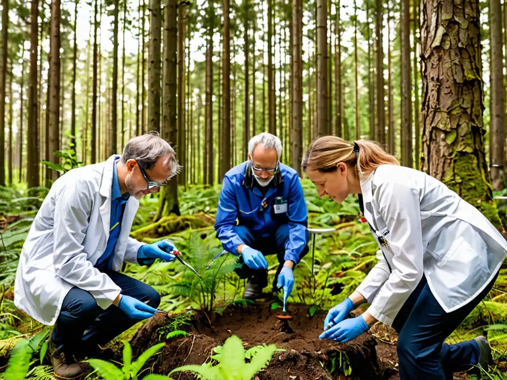 Grupo de científicos del EEA realizando investigación de campo en un exuberante bosque biodiverso