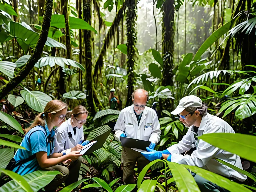 Grupo de científicos realizando una encuesta de biodiversidad en la exuberante selva