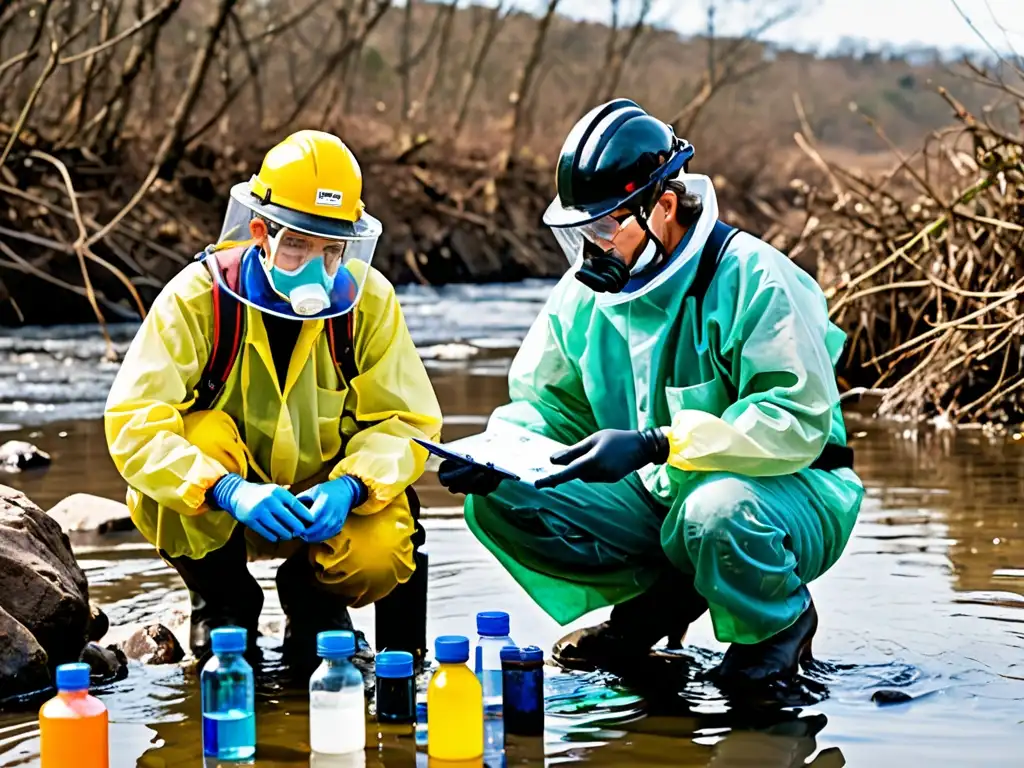 Un grupo de científicos y expertos ambientales examina muestras de agua en un río contaminado, con expresiones preocupadas