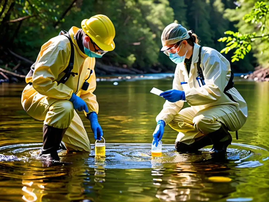 Un grupo de científicos y expertos ambientales realizando pruebas de calidad del agua en un río prístino