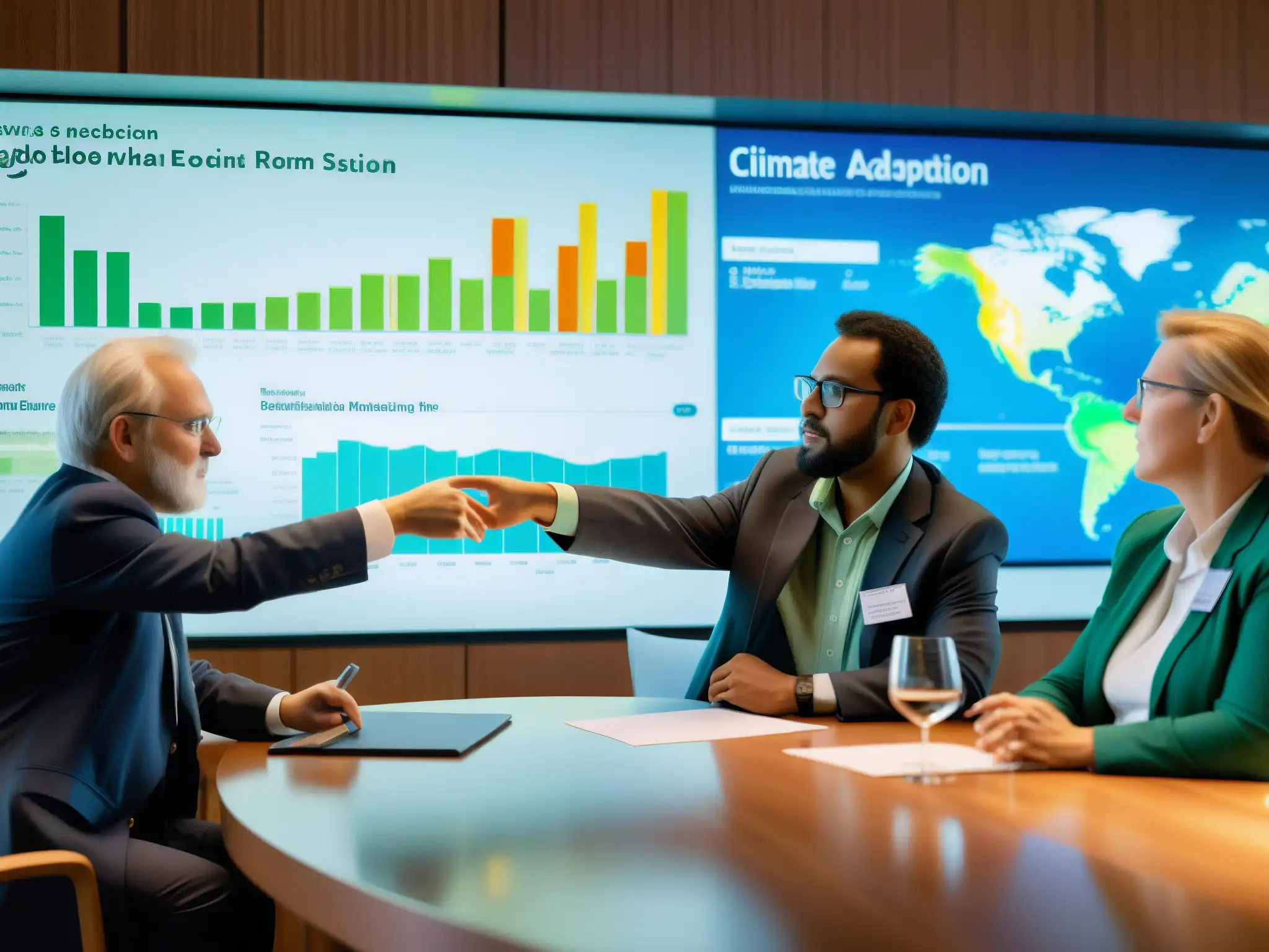 Grupo de científicos y expertos ambientales discuten estrategias de adaptación corporaciones cambio climático en una sala de conferencias moderna y luminosa, enfatizando la importancia de la transparencia y la colaboración