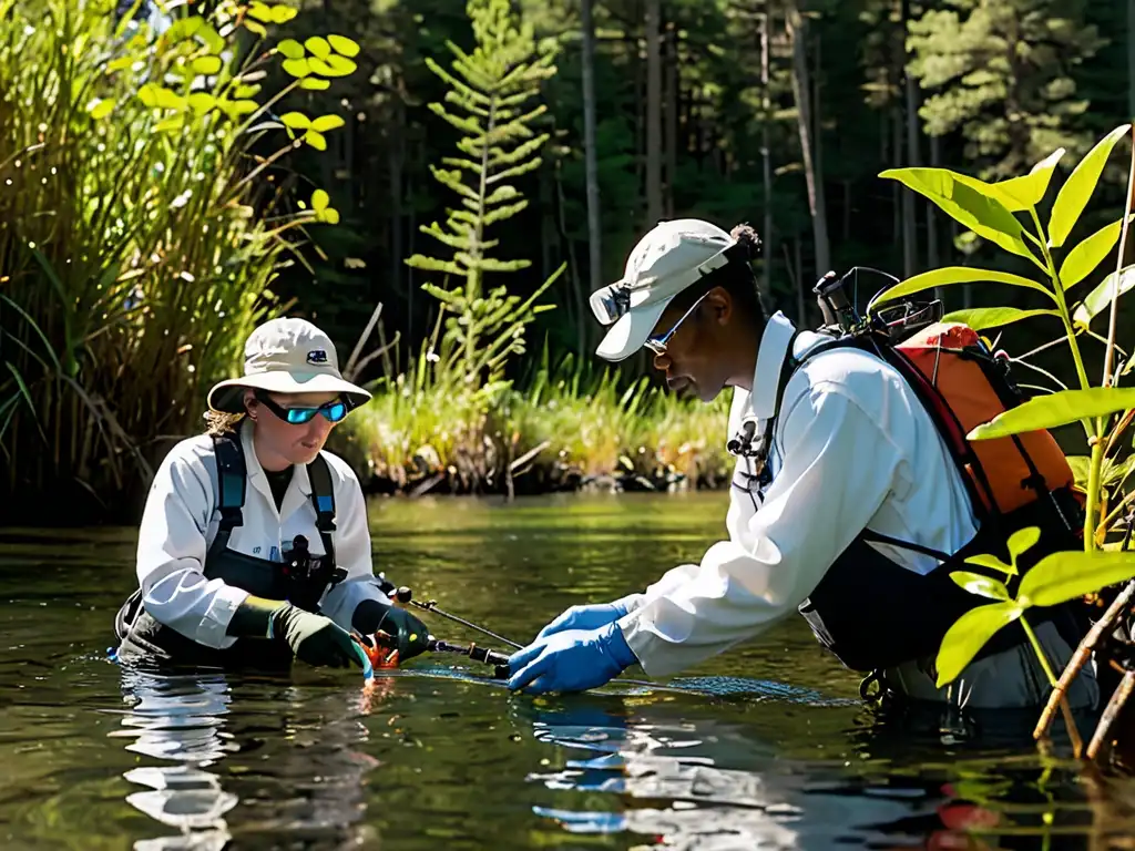 Un grupo de científicos investiga el impacto de la ley de pesca en un ecosistema de agua dulce, examinando detalladamente la vida acuática