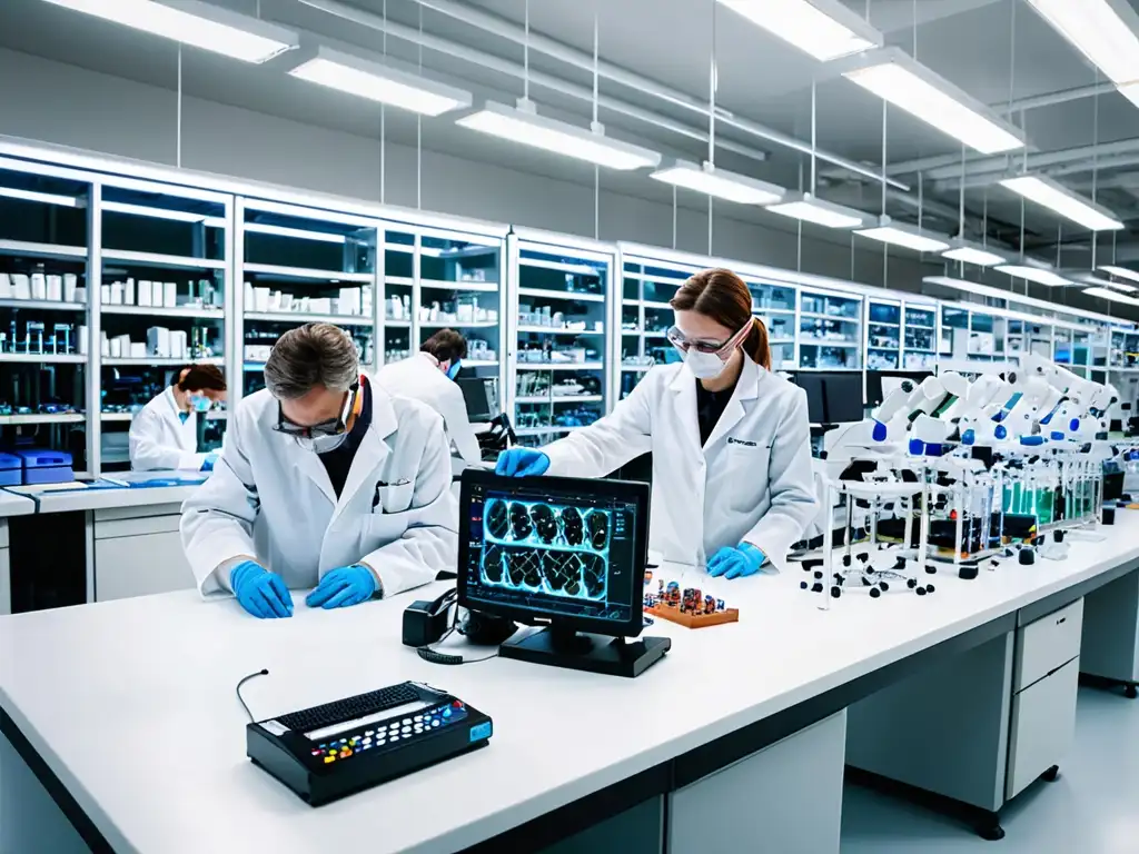 Grupo de científicos en laboratorio de alta tecnología, investigando la regulación ambiental de la ingeniería genética con precisión y concentración