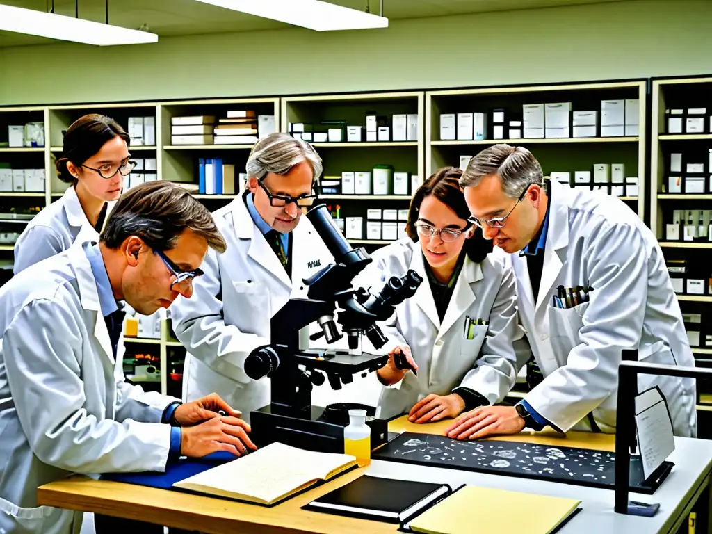 Grupo de científicos colaborando en laboratorio, examinando muestras de plantas bajo microscopio