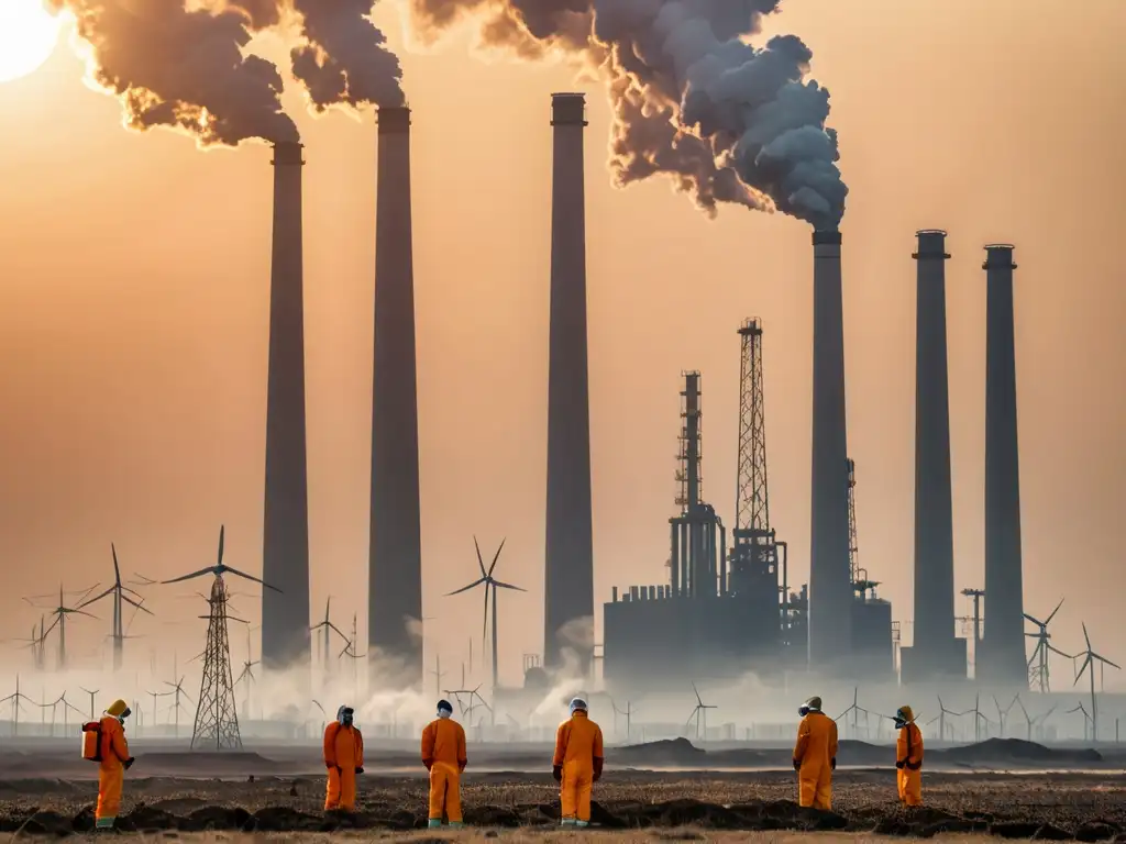 Grupo de científicos realizando pruebas de calidad del aire en una zona industrial contaminada, con humo denso y turbinas eólicas al fondo