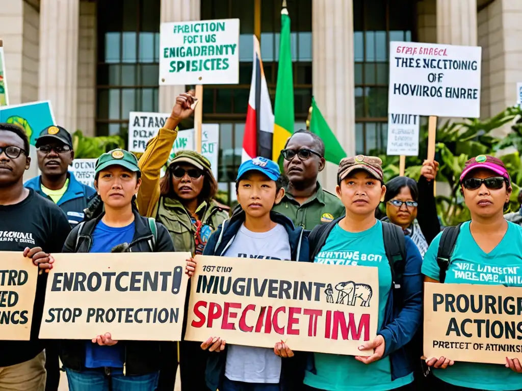 Un grupo de ciudadanos se reúne frente a un edificio gubernamental con pancartas en una protesta pacífica, abogando por la protección de especies en peligro