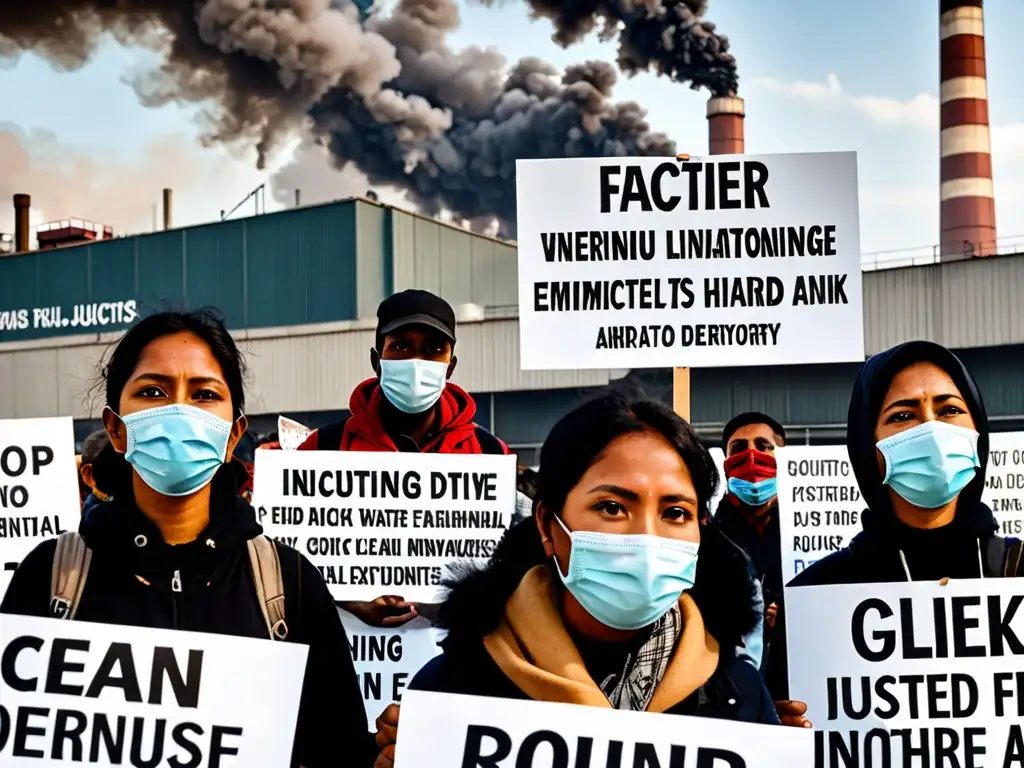 Un grupo de ciudadanos protesta pacíficamente frente a una fábrica contaminante, exigiendo derechos ciudadanos en la Ley de Aire Limpio