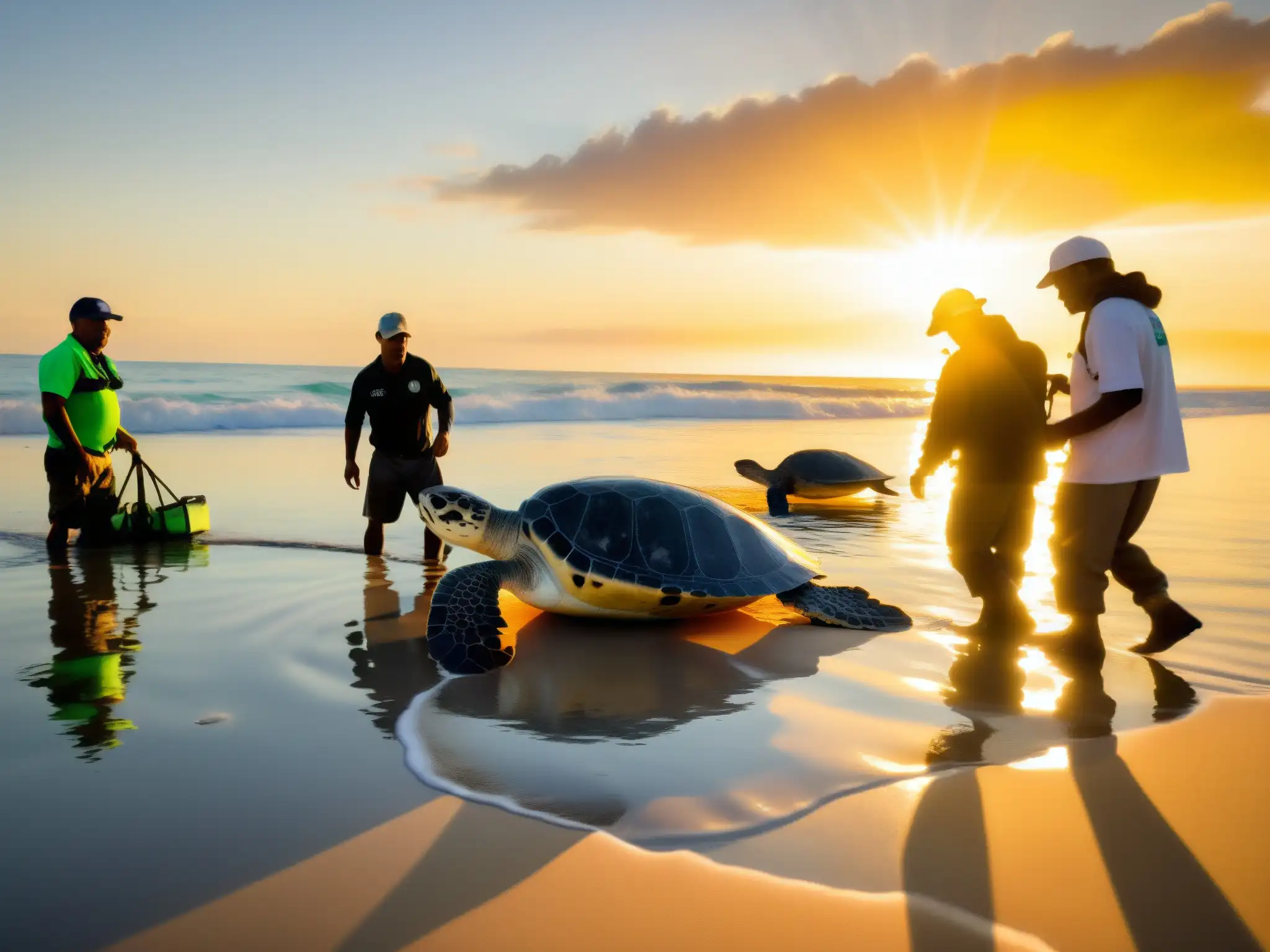 Grupo colaborativo libera tortugas marinas al mar al atardecer