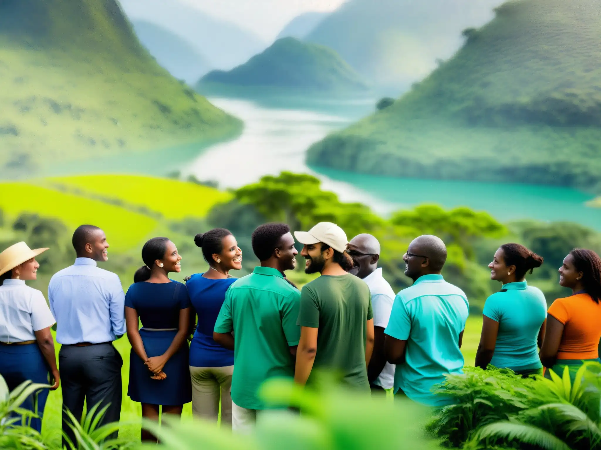 Un grupo comprometido de individuos diversos, incluyendo miembros de comunidades locales y representantes de ONGs ambientales, unidos en una discusión colaborativa frente a un exuberante paisaje verde