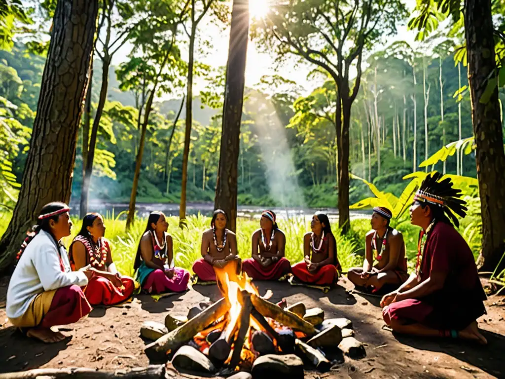 Un grupo de comunidades indígenas en un bosque exuberante, reunidas alrededor de un fuego, con expresiones de determinación y unidad