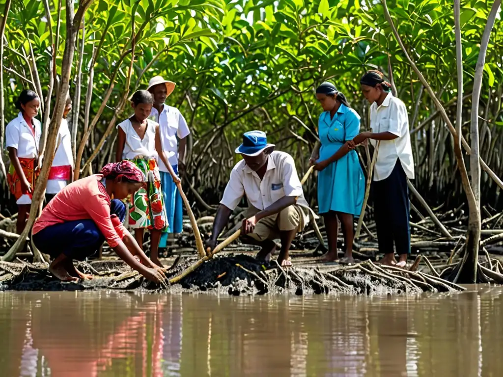 Grupo comunitario plantando manglares, reflejo de leyes protección manglares derecho ambiental