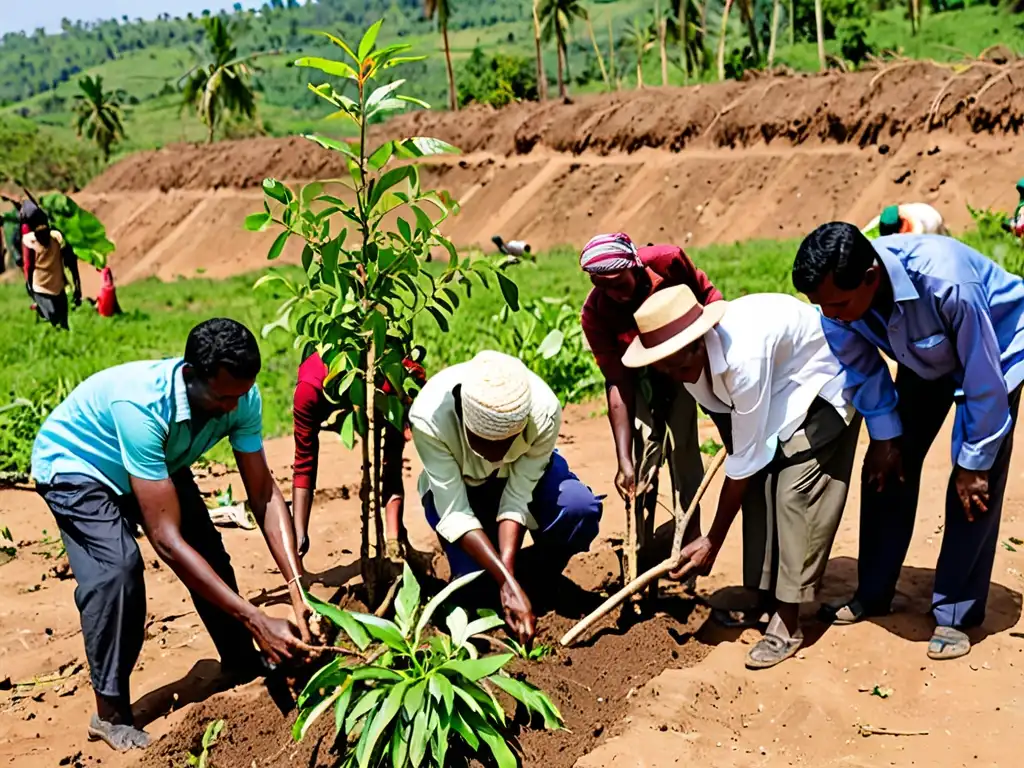 Grupo de conservacionistas y comunidad local plantan árboles en zona conflictiva, mostrando determinación y esperanza