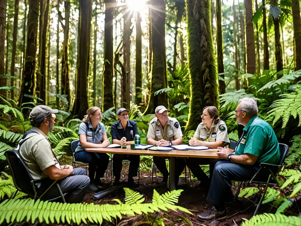 Un grupo de conservacionistas debate en un bosque exuberante, rodeados de naturaleza