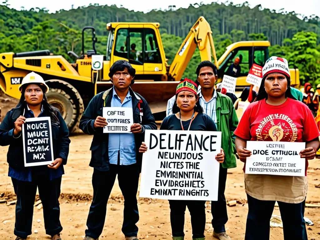 Grupo de indígenas protestando en construcción, con letreros sobre conflictos ambientales y derechos humanos en bosque biodiverso