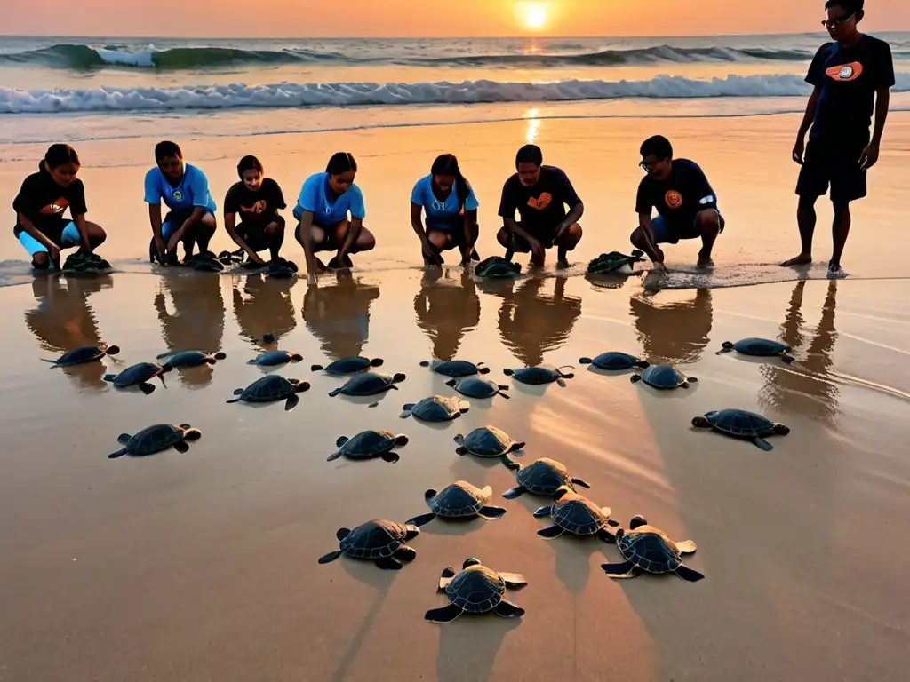 Grupo liberando crías de tortuga al atardecer