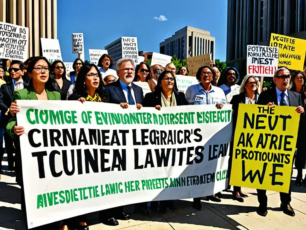 Un grupo diverso de abogados y activistas se reúnen frente a la corte con pancartas por el Derecho ambiental y acuerdos internacionales, bajo un cielo azul radiante, mostrando determinación en la lucha por la justicia climática