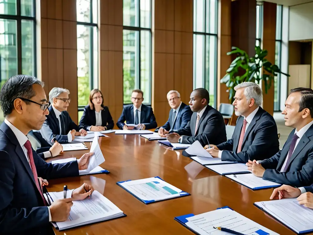 Grupo diverso de abogados y legisladores ambientales en una mesa, discutiendo cooperación internacional en derecho ambiental