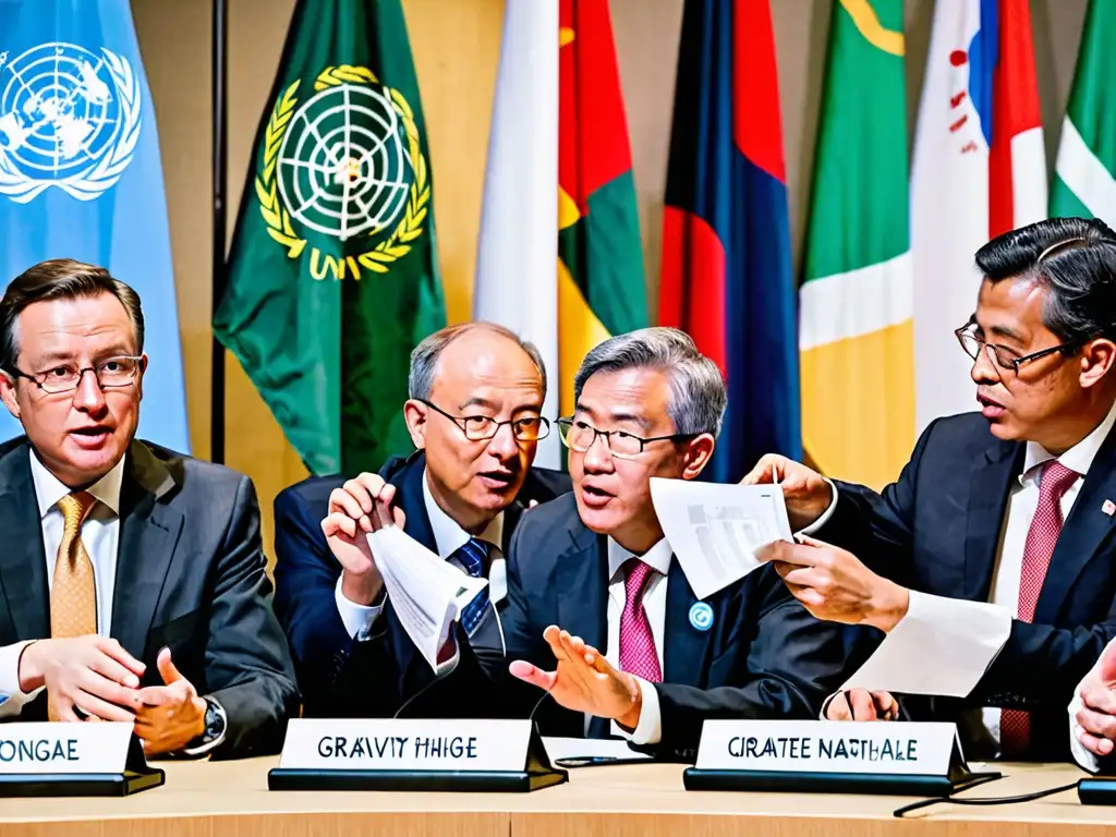 Grupo diverso de abogados y legisladores ambientales internacionales en una intensa discusión en una conferencia de la ONU sobre cambio climático