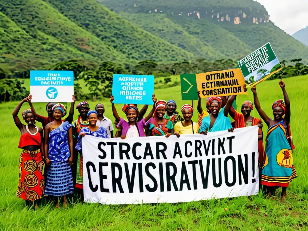 Un grupo diverso de activistas africanos defiende la Formulación de Políticas Ambientales en África en un vibrante y esperanzador acto de protesta por la conservación, rodeados de exuberante vegetación y unidos por la determinación