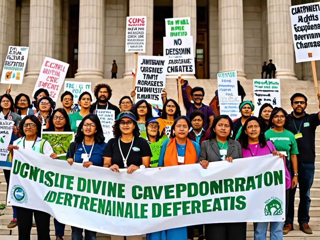 Un grupo diverso de activistas ambientales de ONGs se reúne frente a un edificio gubernamental, mostrando letreros y pancartas con mensajes a favor de políticas sostenibles y protección ambiental