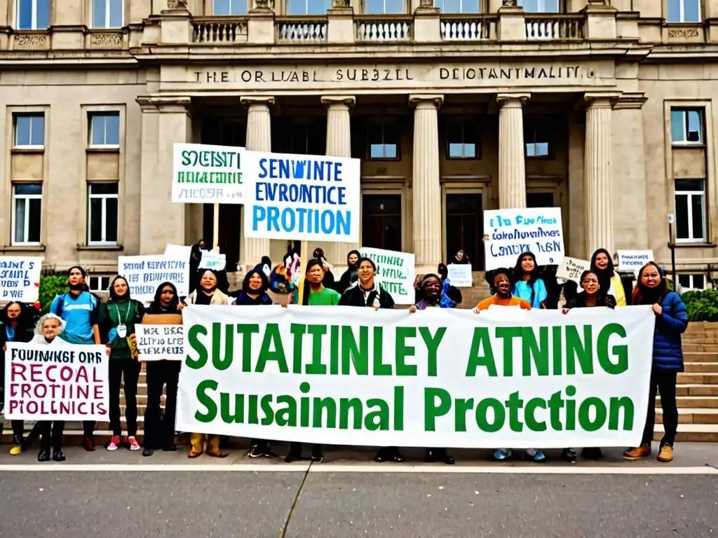 Grupo diverso de activistas sostienen carteles llamando a la sostenibilidad y protección ambiental frente a un edificio gubernamental