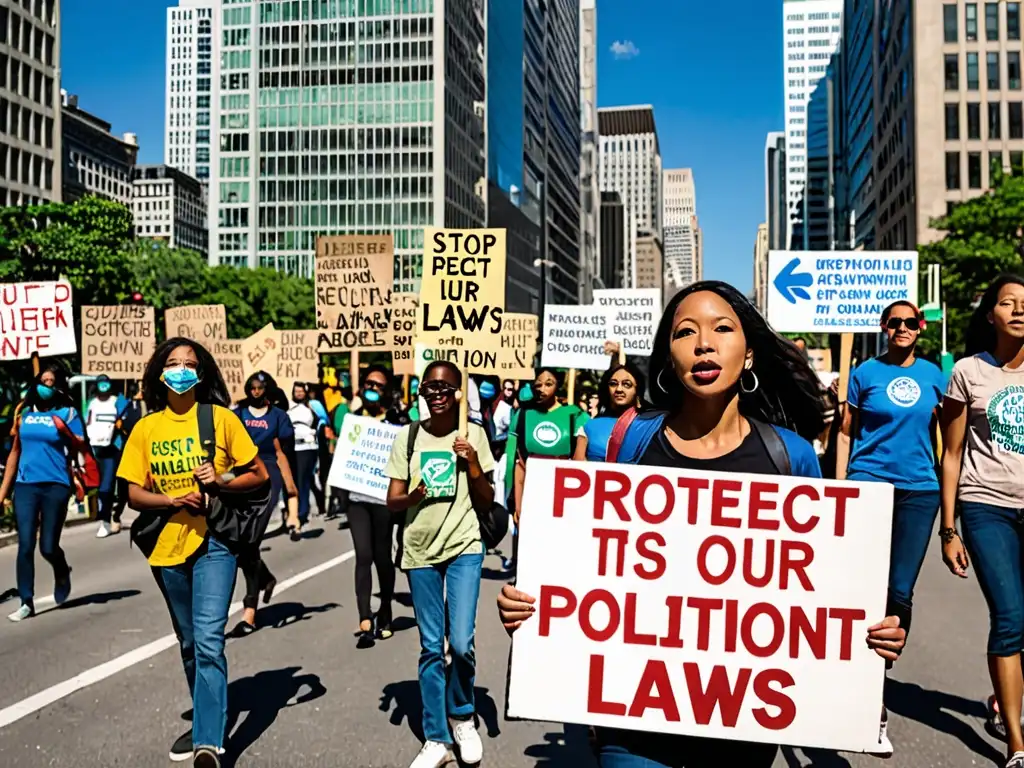 Grupo diverso de activistas marchando en la ciudad con pancartas a favor del medio ambiente