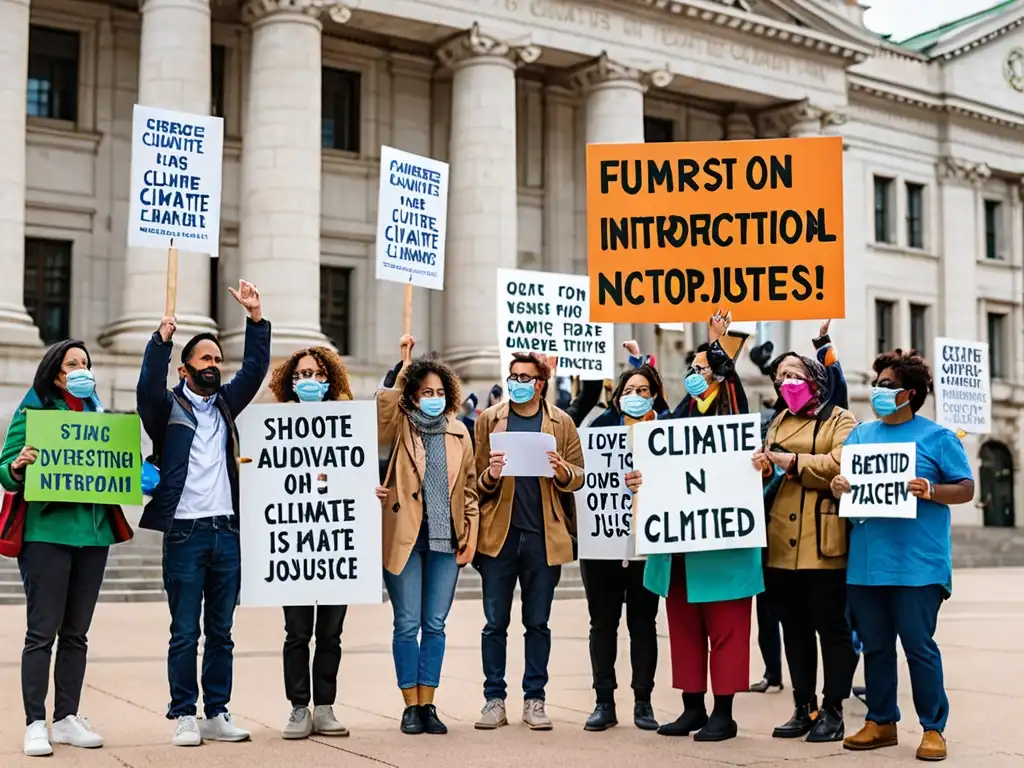 Un grupo diverso de activistas climáticos protesta con pancartas frente a un edificio gubernamental, mostrando determinación y pasión por el Fondo Verde para el Clima financiamiento