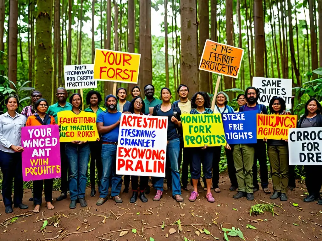 Un grupo diverso de activistas por los derechos humanos y el medio ambiente sostienen carteles coloridos frente a un frondoso bosque biodiverso