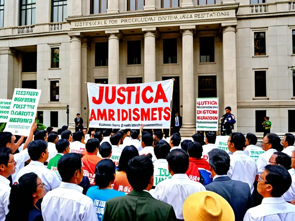 Grupo diverso de activistas y expertos legales frente a la corte, abogando por activismo judicial prevención desastres naturales