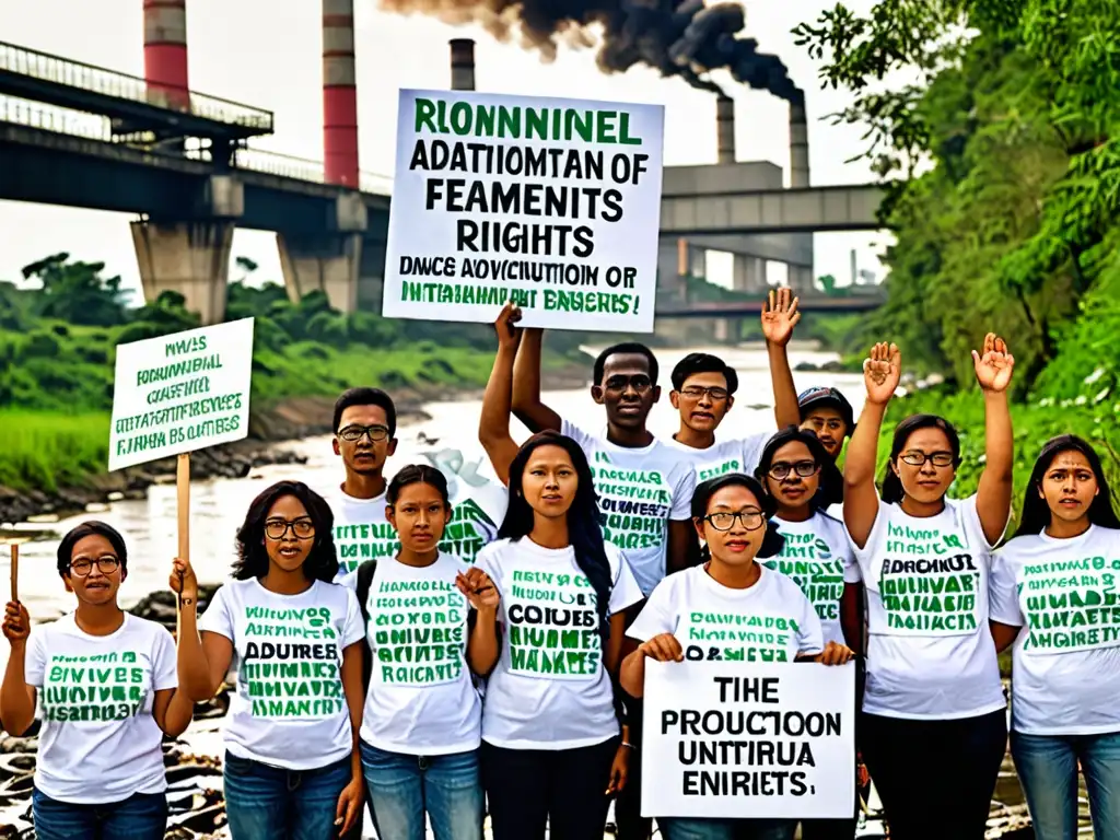 Un grupo diverso de activistas se reúne frente a un río contaminado, levantando carteles con consignas ambientales