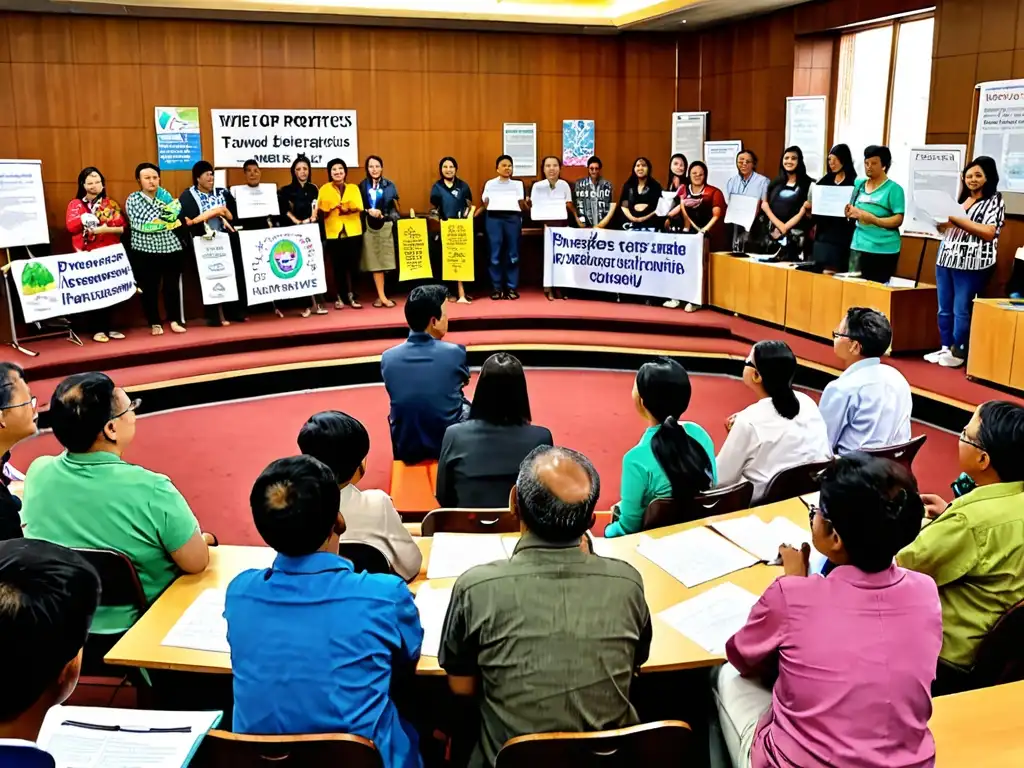 Grupo diverso de activistas y miembros de la comunidad se reúnen en una sala de reuniones para discutir la legislación ambiental en Asia y colaborar en estrategias para el cambio positivo