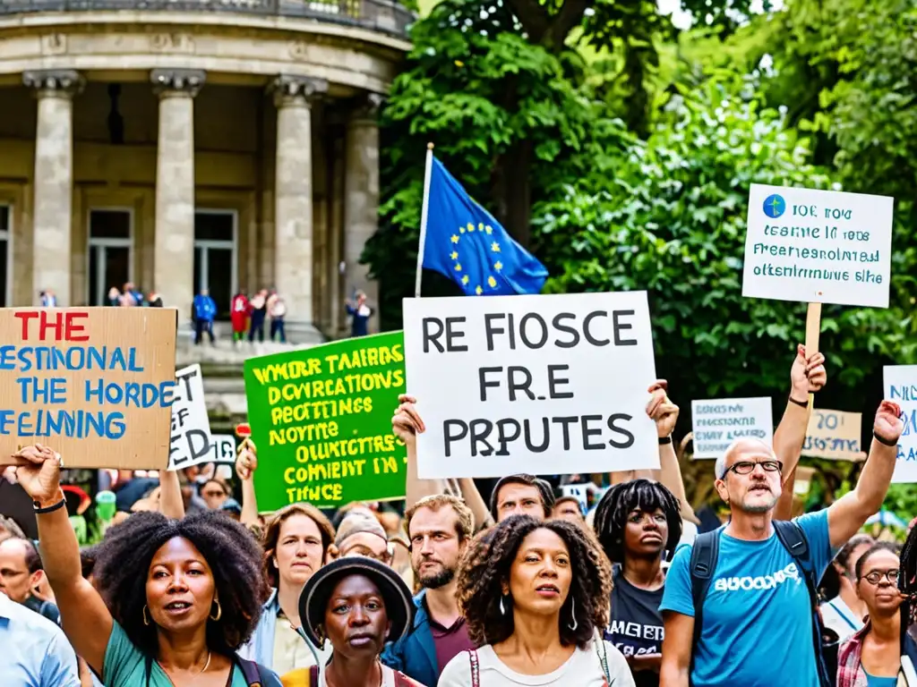 Un grupo diverso de activistas sostiene pancartas en una protesta pacífica frente a un edificio gubernamental europeo, rodeados de exuberante vegetación y cielos azules